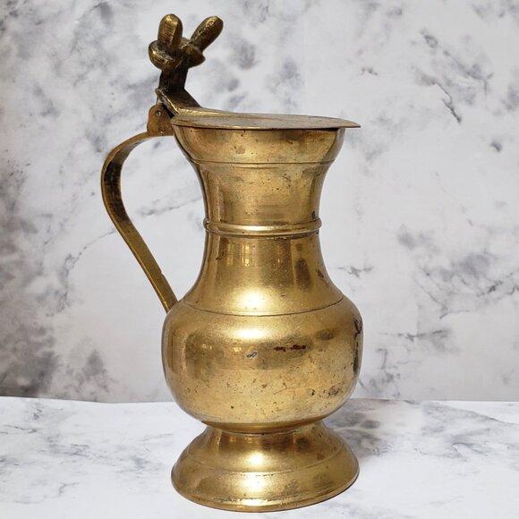 Vintage Brass Cream Pitcher Acorn Flip Lid Boho Home Decor Witchy Whimsigoth - Picture 1 of 12
